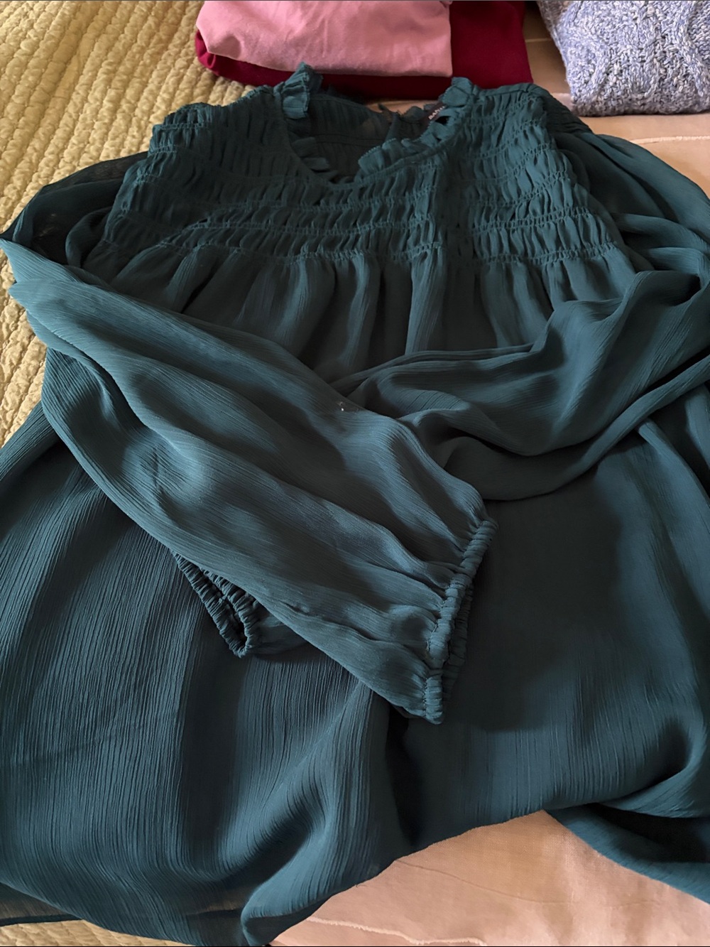 Women's dark green Long-Sleeve Smocked Blouse Banana Republic